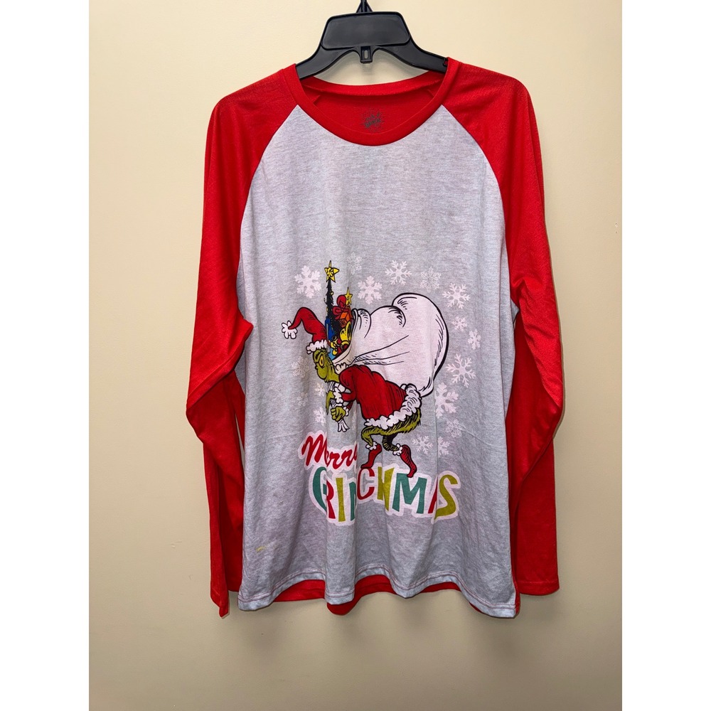 Dr Seuss The Grinch Merry Grinchmas Raglan Sleep Shirt Red Gray XL Mens Womens